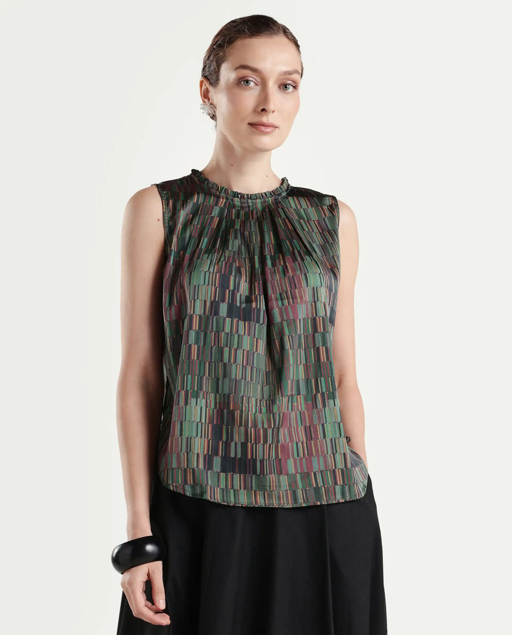Rareism Women's Giselle Olive Polyester Crew Neck Geometric Print Sleeveless Regular Fit Top