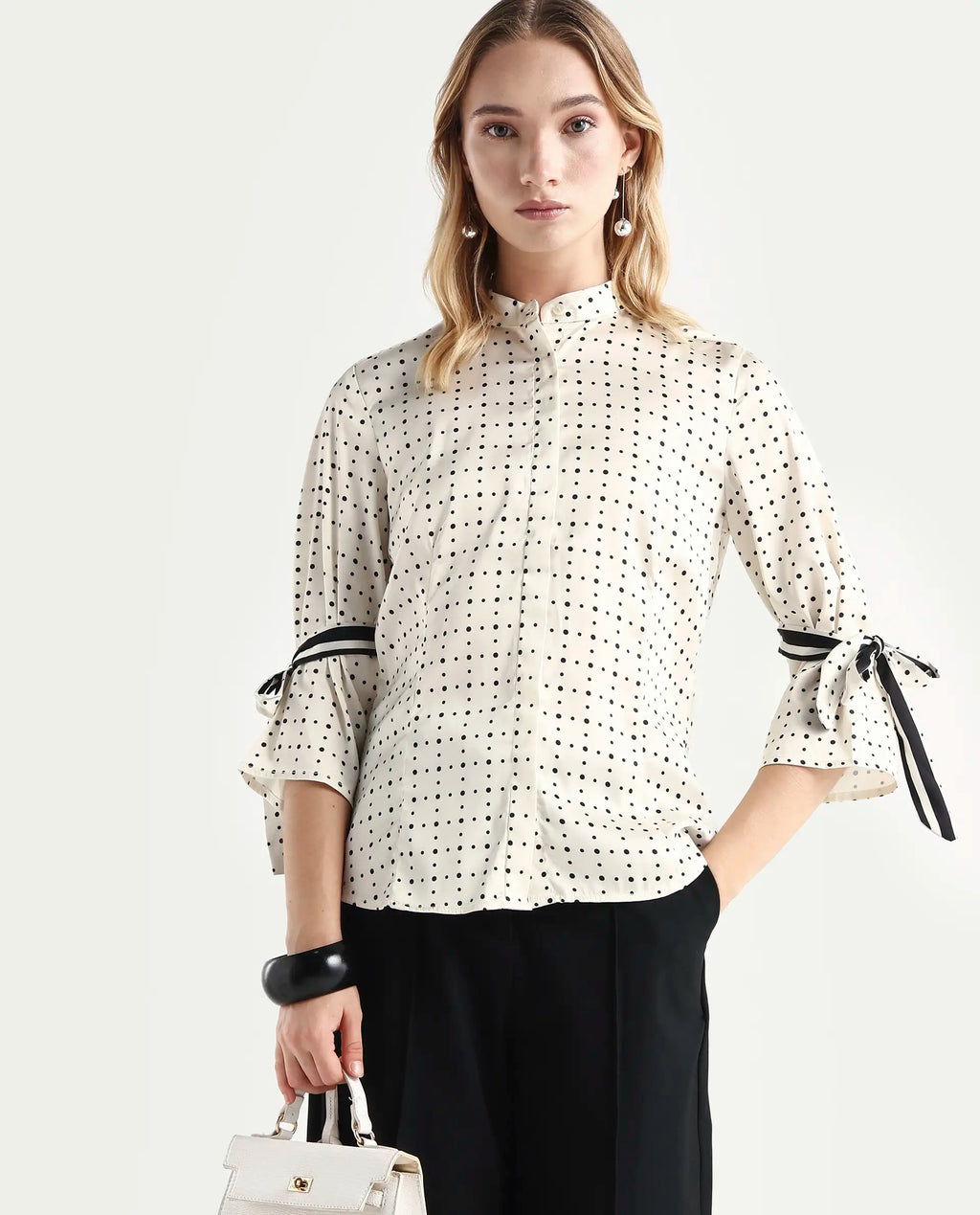 Rareism Women's Zanax Beige Polyester Mandarin Collar Polka Print Regular Fit Top
