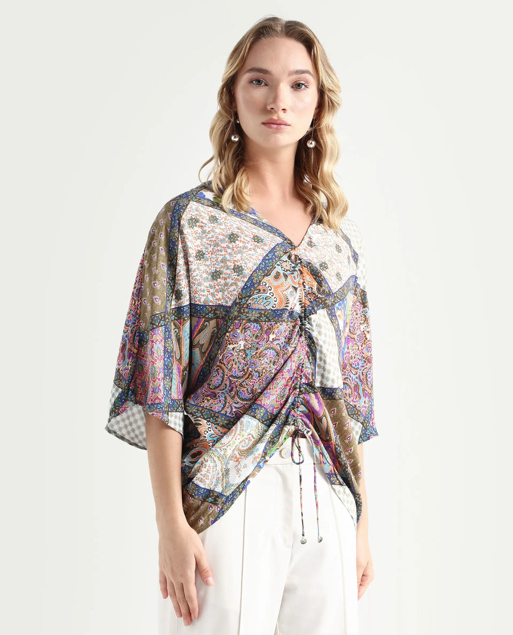 Rareism Women's Leoda Multi Viscose V-Neck Abstract Print Flared Sleeve Relaxed Fit Top