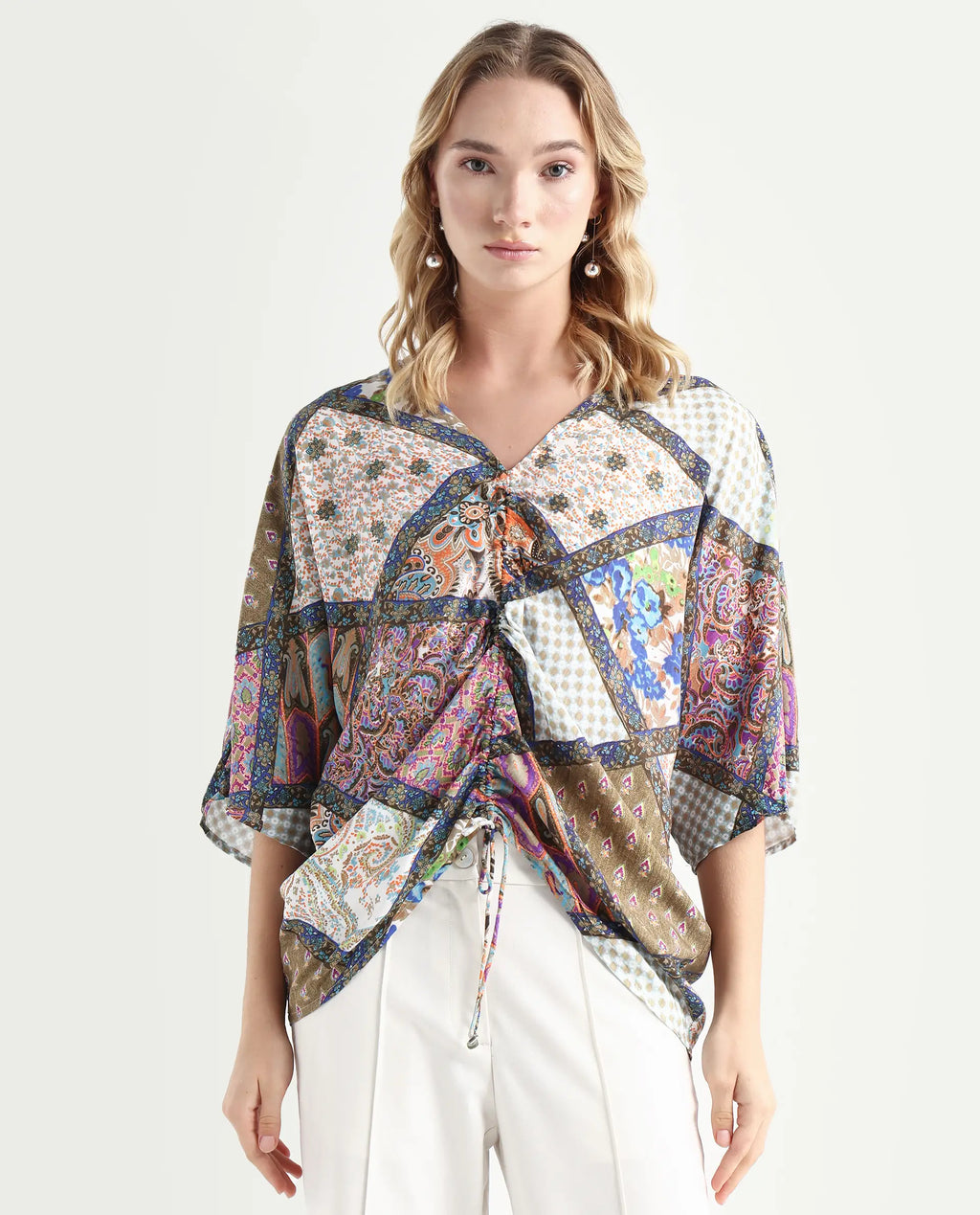 Rareism Women's Leoda Multi Viscose V-Neck Abstract Print Flared Sleeve Relaxed Fit Top
