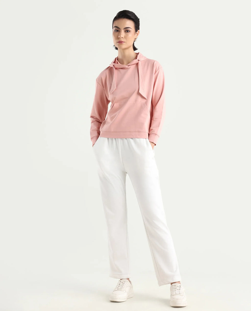 Rareism Women's Flynn Light Orange Cotton Blend Hooded Plain Regular Fit Sweatshirt