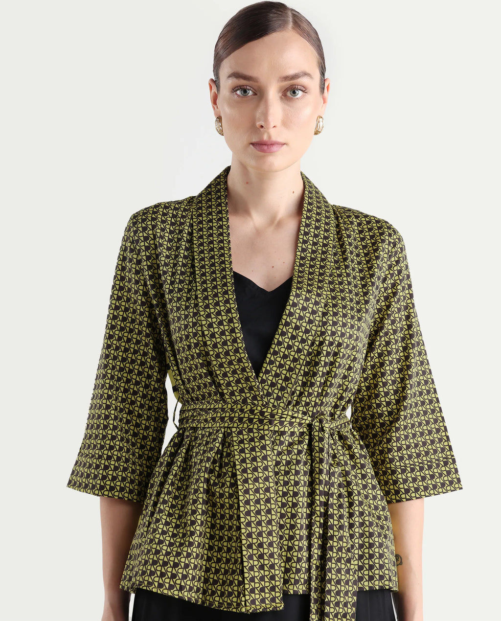 Rareism Women's Geomo-T Yellow Cotton Overlap Neck Monogram Print Regular Fit Shrug