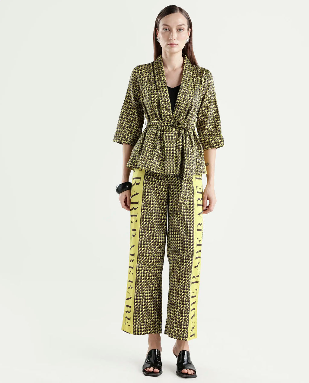 Rareism Women's Geomo-B Yellow Cotton Blend Monogram Print Ankle Length Straight Fit Trouser