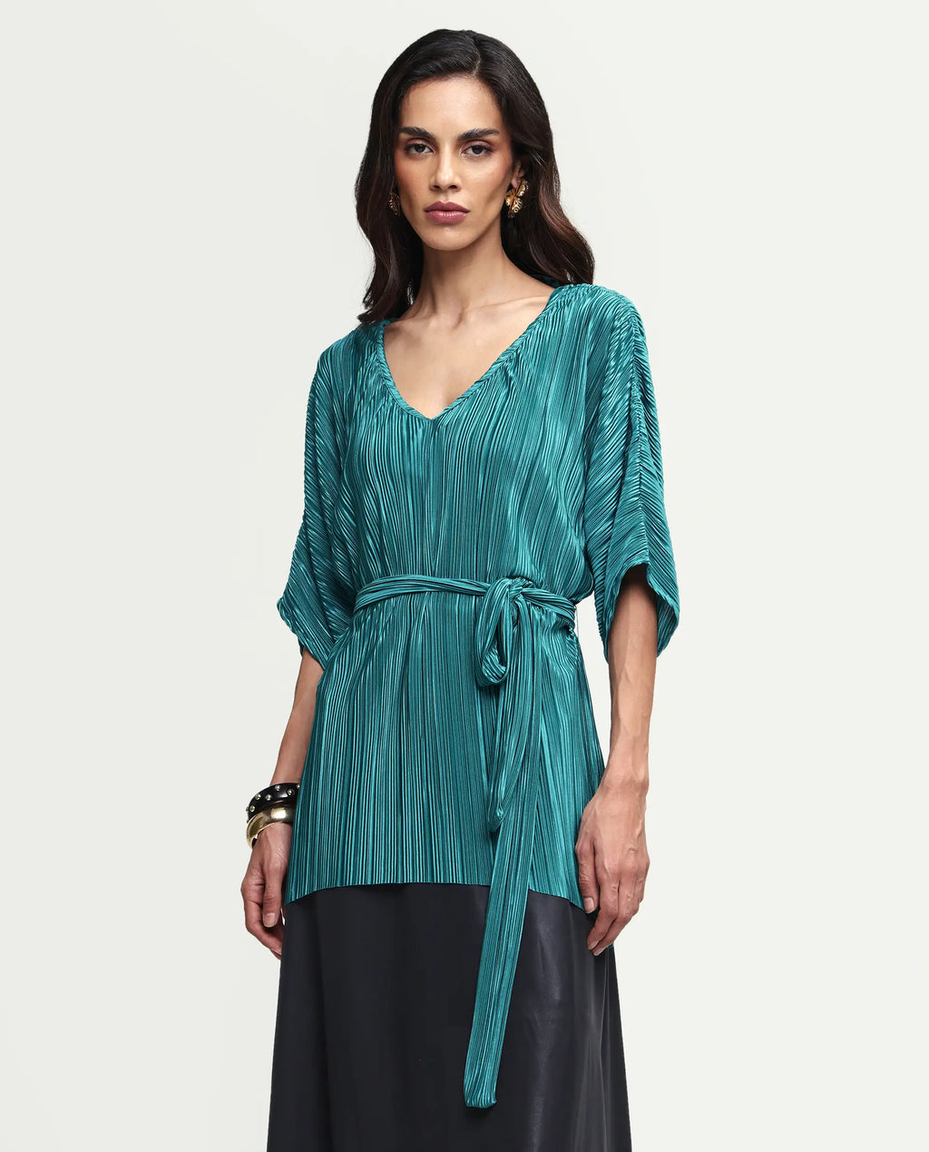 Rareism Women's Belgarde-T Petrol Polyester V-Neck Plain Extended Sleeves Relaxed Fit Top