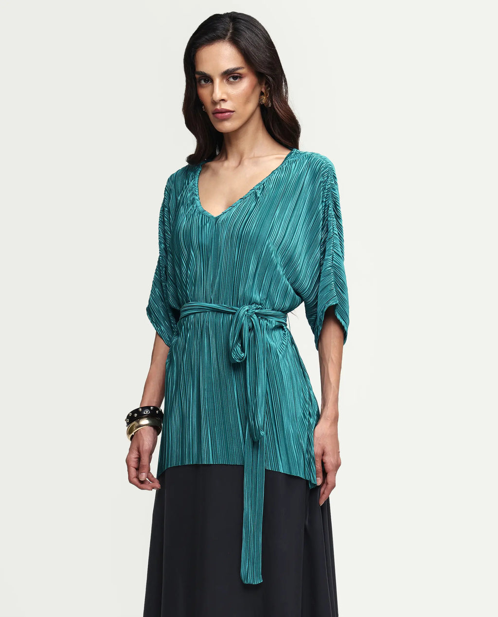 Rareism Women's Belgarde-T Petrol Polyester V-Neck Plain Extended Sleeves Relaxed Fit Top