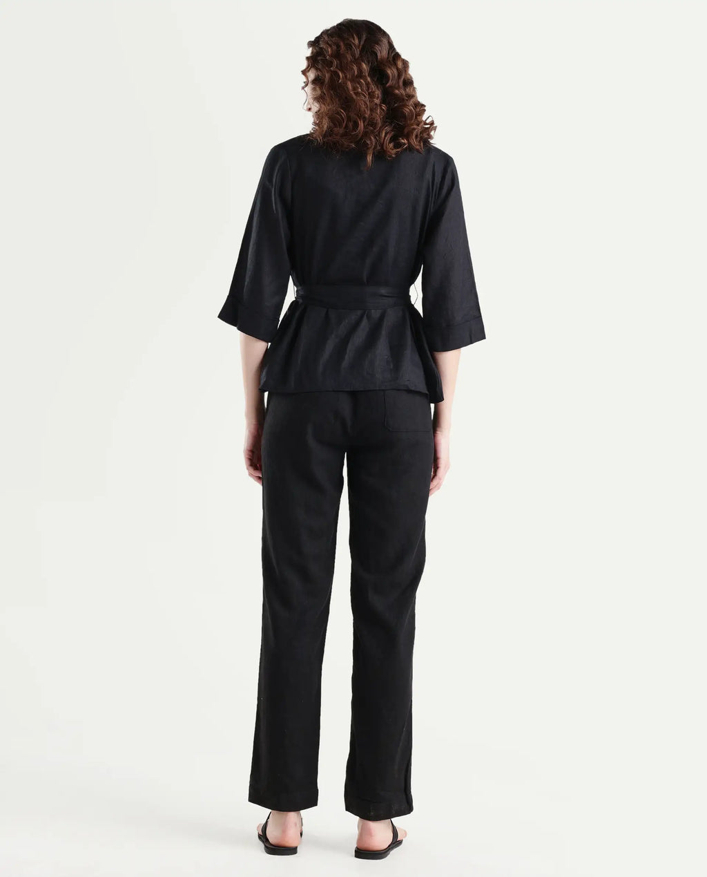 Rareism Women's Costa-B Black Linen Plain Ankle Length Tapered Trouser