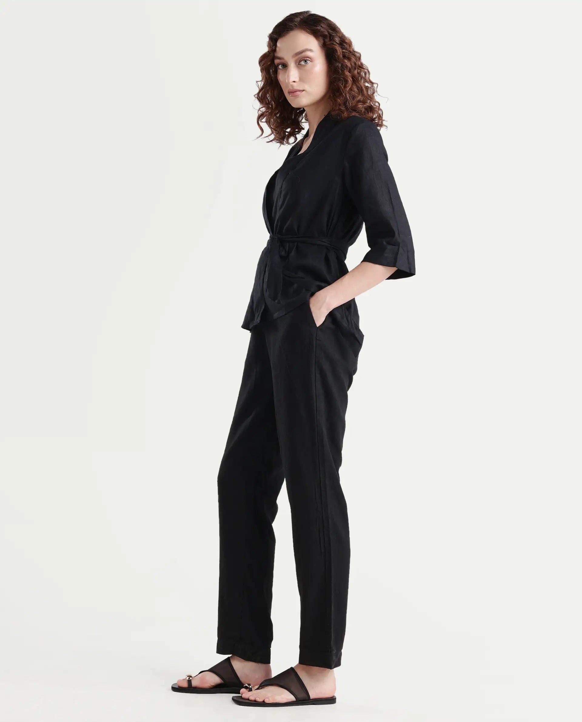 Rareism Women's Costa-B Black Linen Plain Ankle Length Tapered Trouser