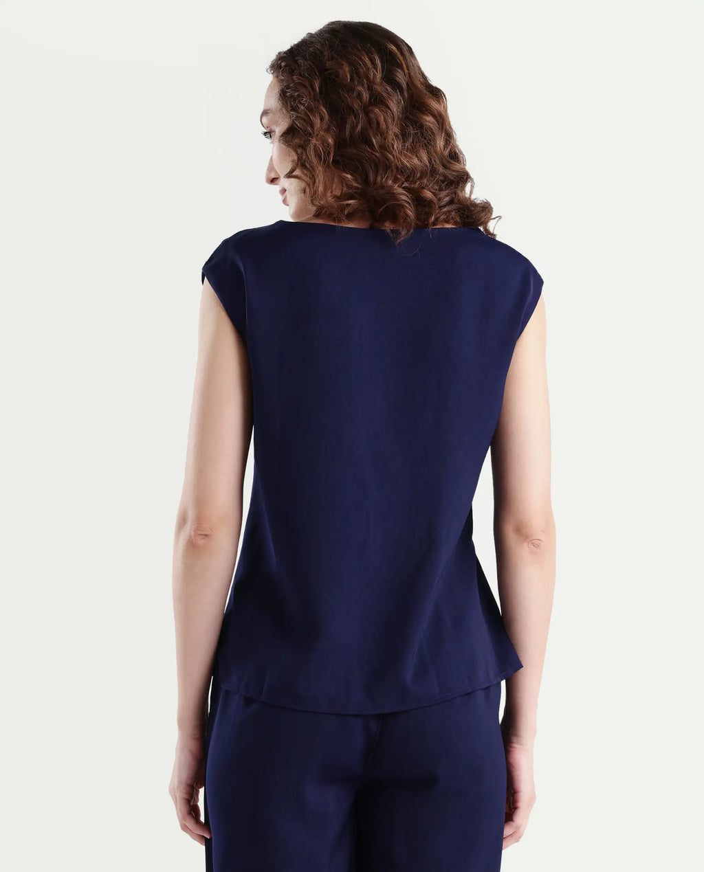 Rareism Women's Leville-T Dark Blue Polyester Blend Boat Neck Plain Sleeveless Relaxed Fit Top