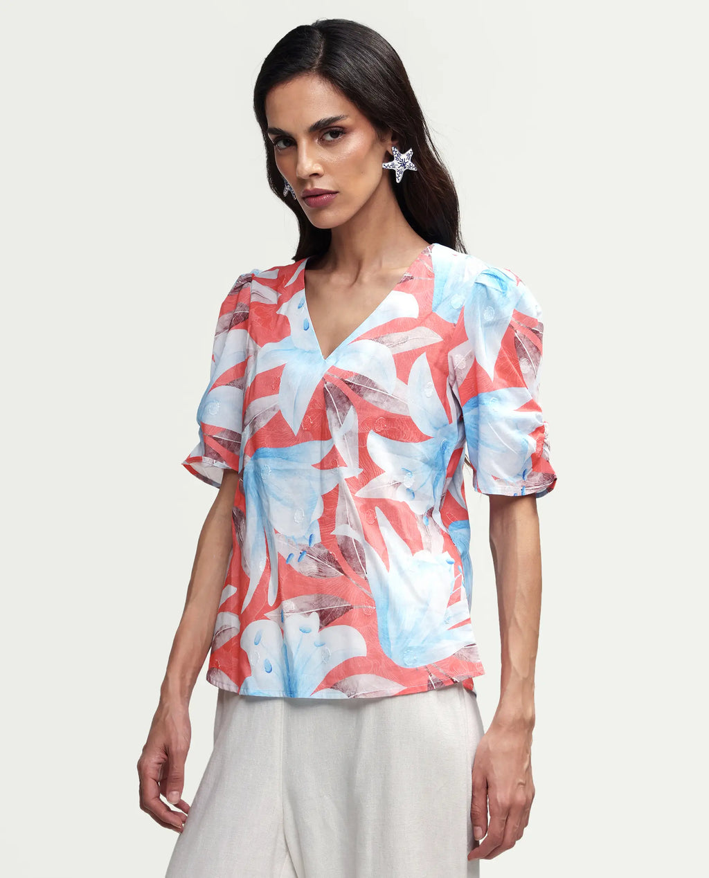 Rareism Women's Housto-T Pink Cotton V-Neck Floral Print Puff Sleeves Regular Fit Top
