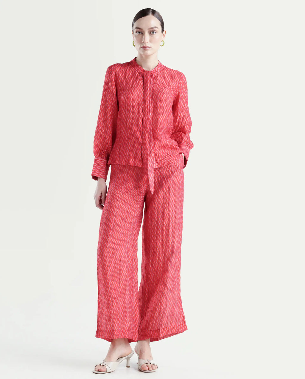 Rareism Women's Rusha-B Red Rayon Geometric Print Ankle Length Wide Trouser