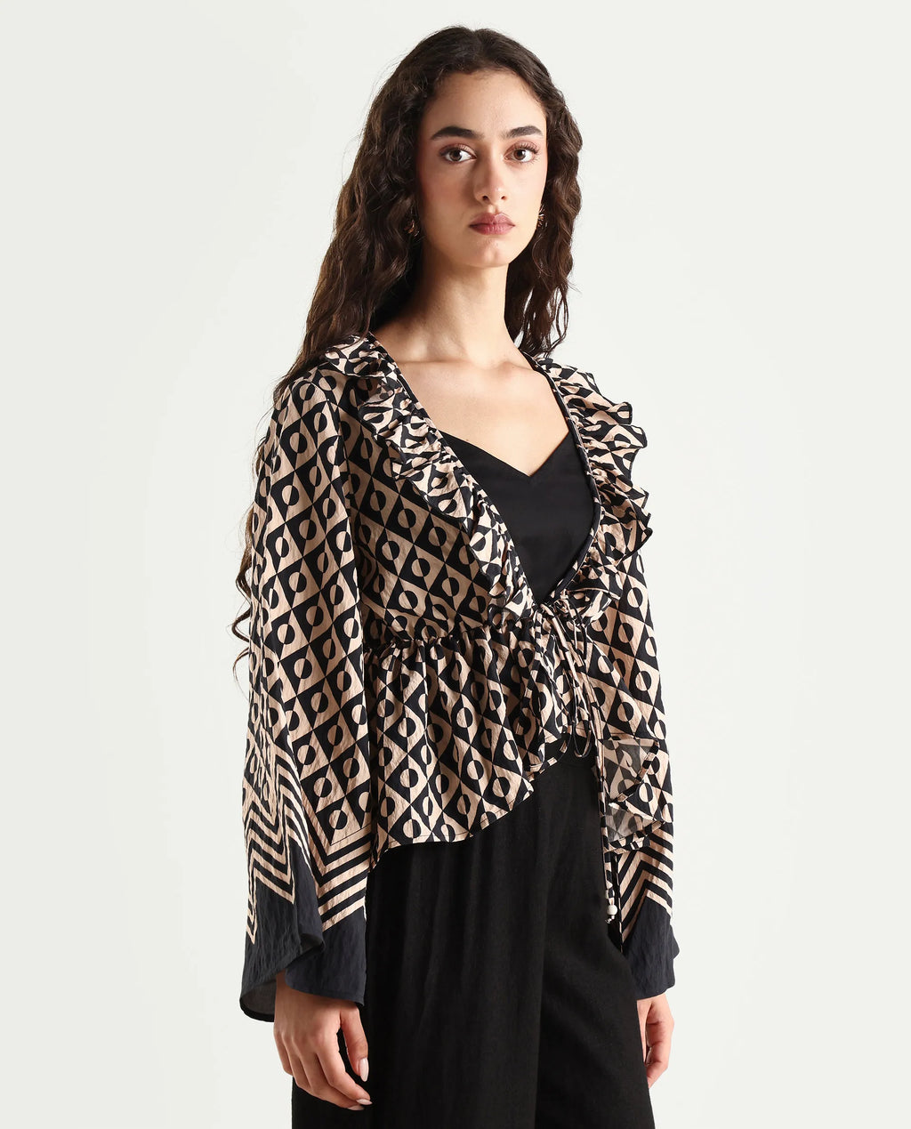 Rareism Women's Smor Black Viscose Blend Sweetheart Neck Geometric Print Bell Sleeve Regular Fit Top