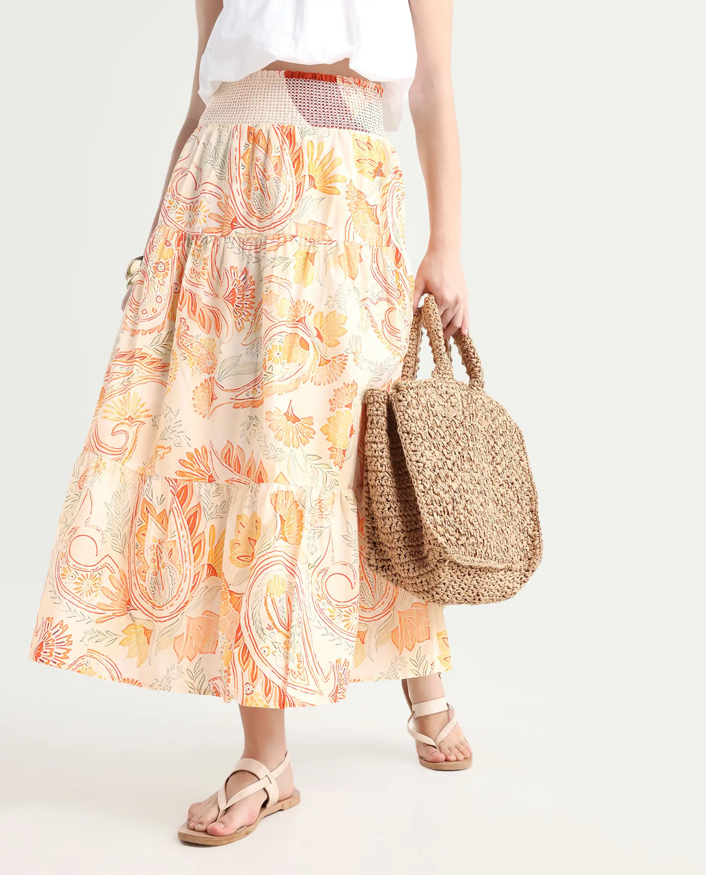 Rareism Women's Bresica Light Multi Cotton Paisley Print Midi Flared Skirt