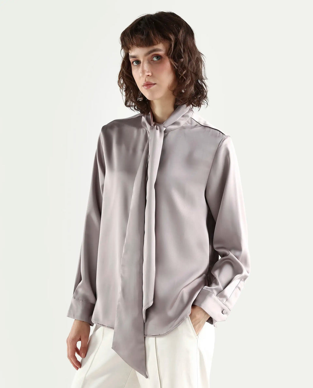 Rareism Women's Bingol Dusky Beige Polyester Mandarin Collar Plain Cuffed Sleeve Regular Fit Shirt