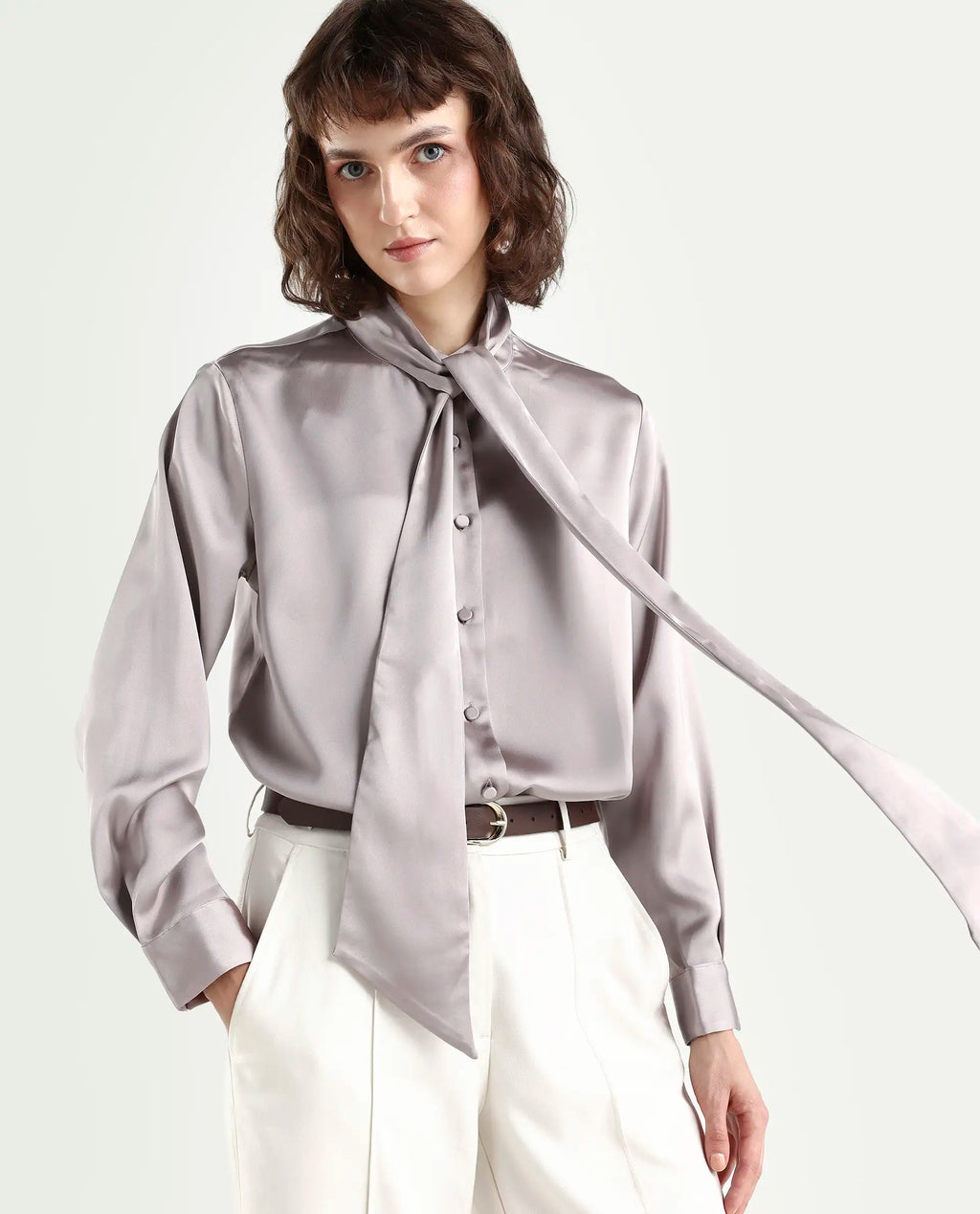 Rareism Women's Bingol Dusky Beige Polyester Mandarin Collar Plain Cuffed Sleeve Regular Fit Shirt