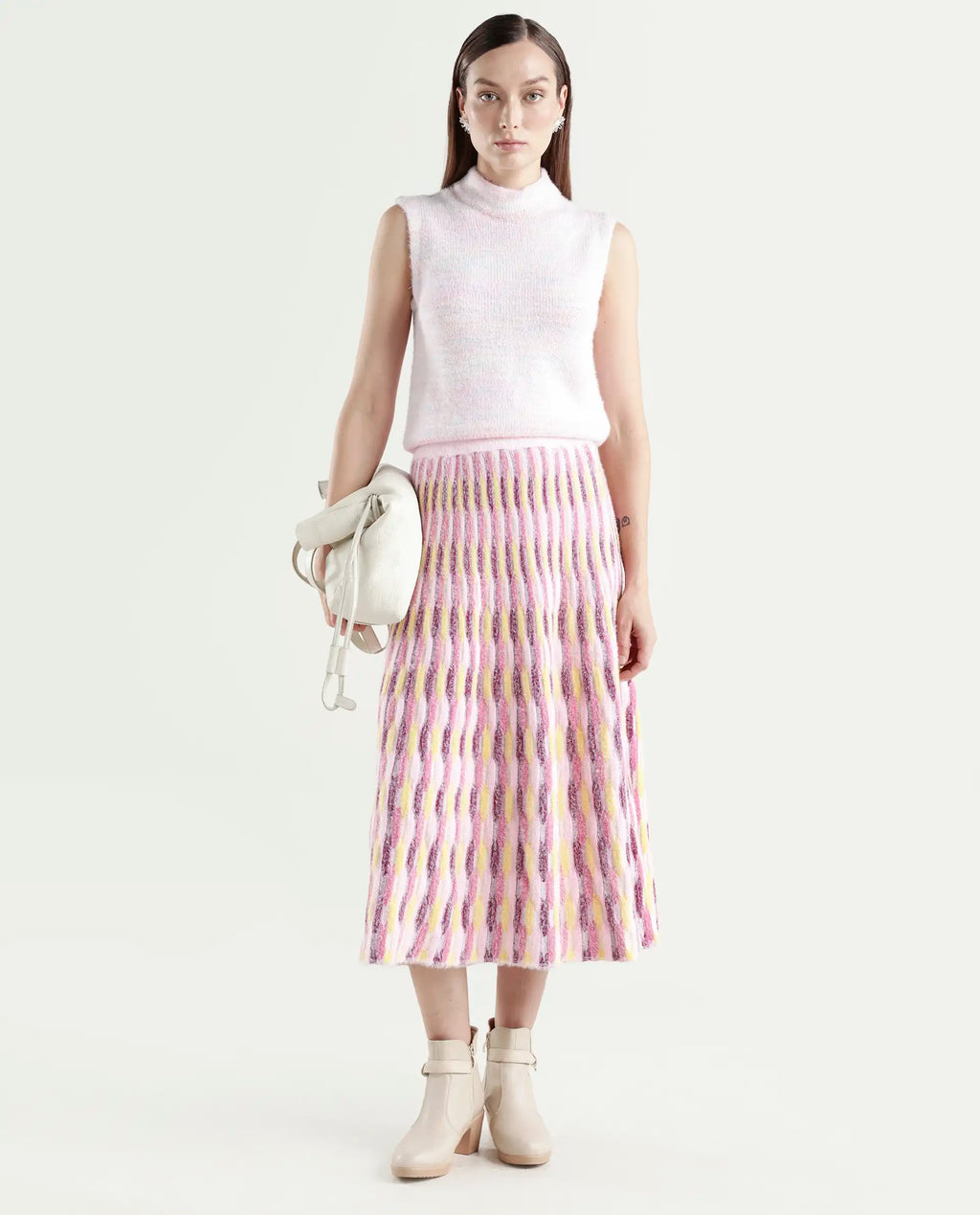 Rareism Women's Shenpa B Multi Nylon Geometric Print Midi Flared Skirt