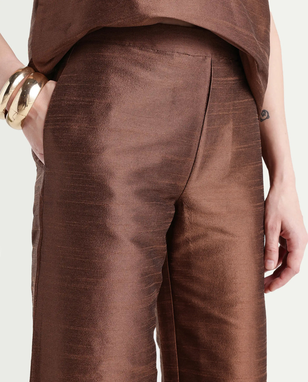 Rareism Women's Kamla B Dark Brown Silk Plain Ankle Length Straight Fit Trouser