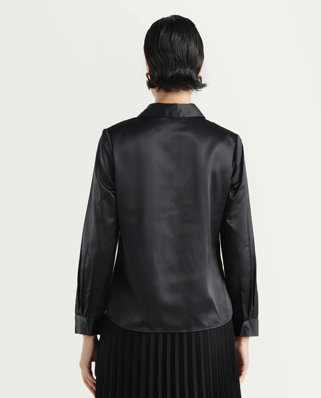 Rareism Women's Derep Black Satin Drop Collar Dyed Cuffed Sleeve Regular Fit Shirt