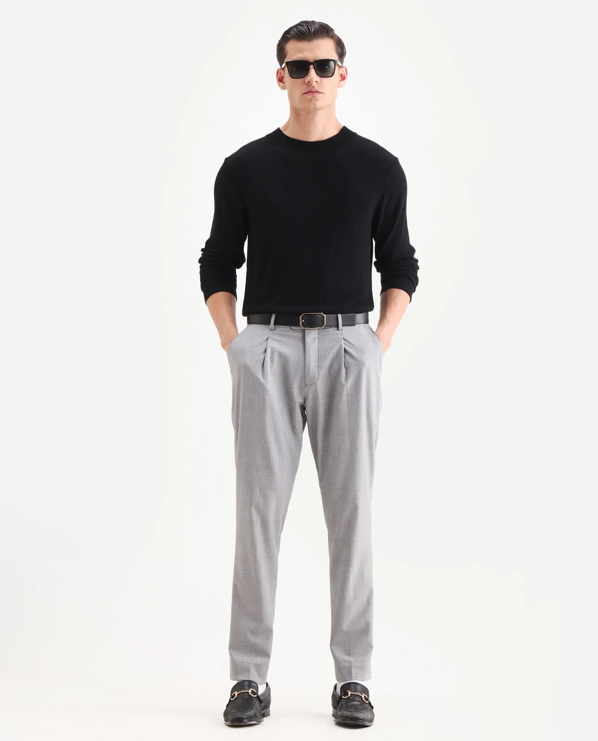Rare Rabbit Men's Morst Grey Cotton Blend Checked Print Relaxed Fit Trouser