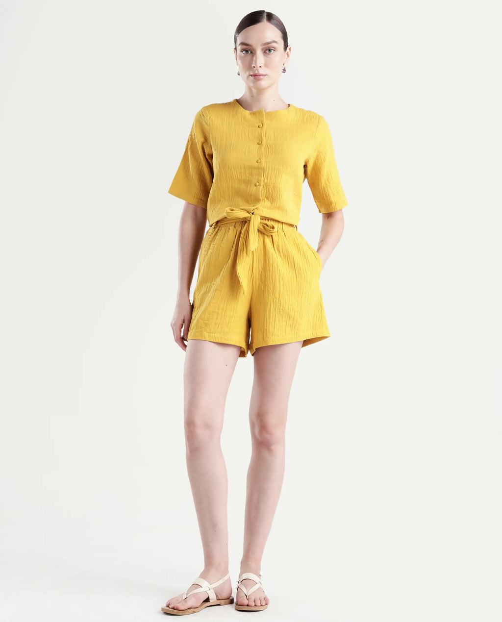 Rareism Women's Jandren B Mustard Cotton Plain Mini Regular Fit Shorts
