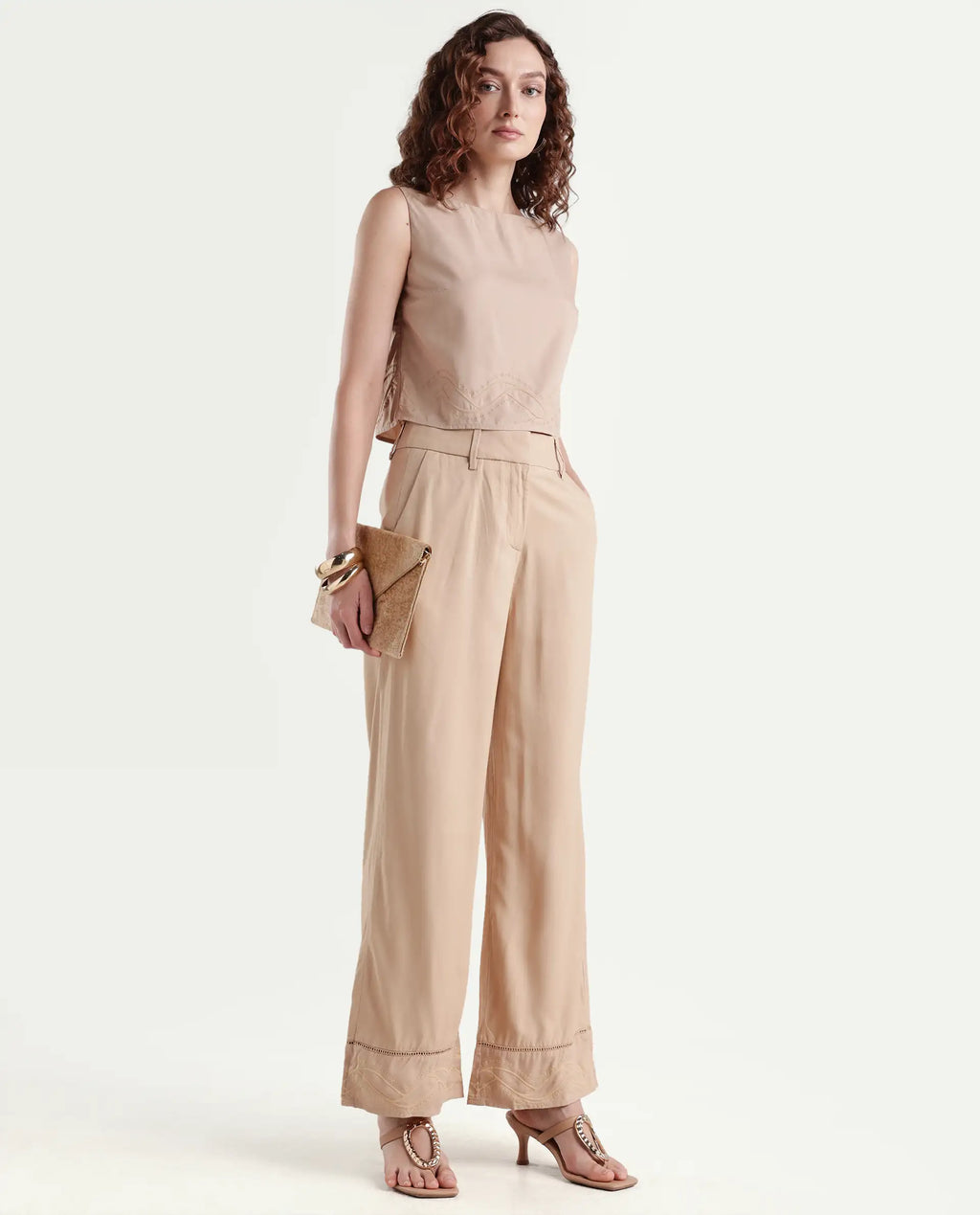 Rareism Women's Roneshif T Beige Viscose Round Neck Plain Sleeveless Crop Regular Fit Top