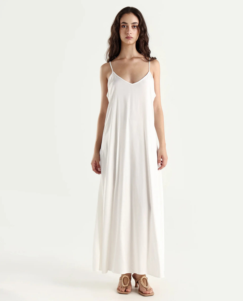 Rareism Women's Ronoli Off White Polyester V-Neck Textured Kimono Sleeve Maxi Flared Dress
