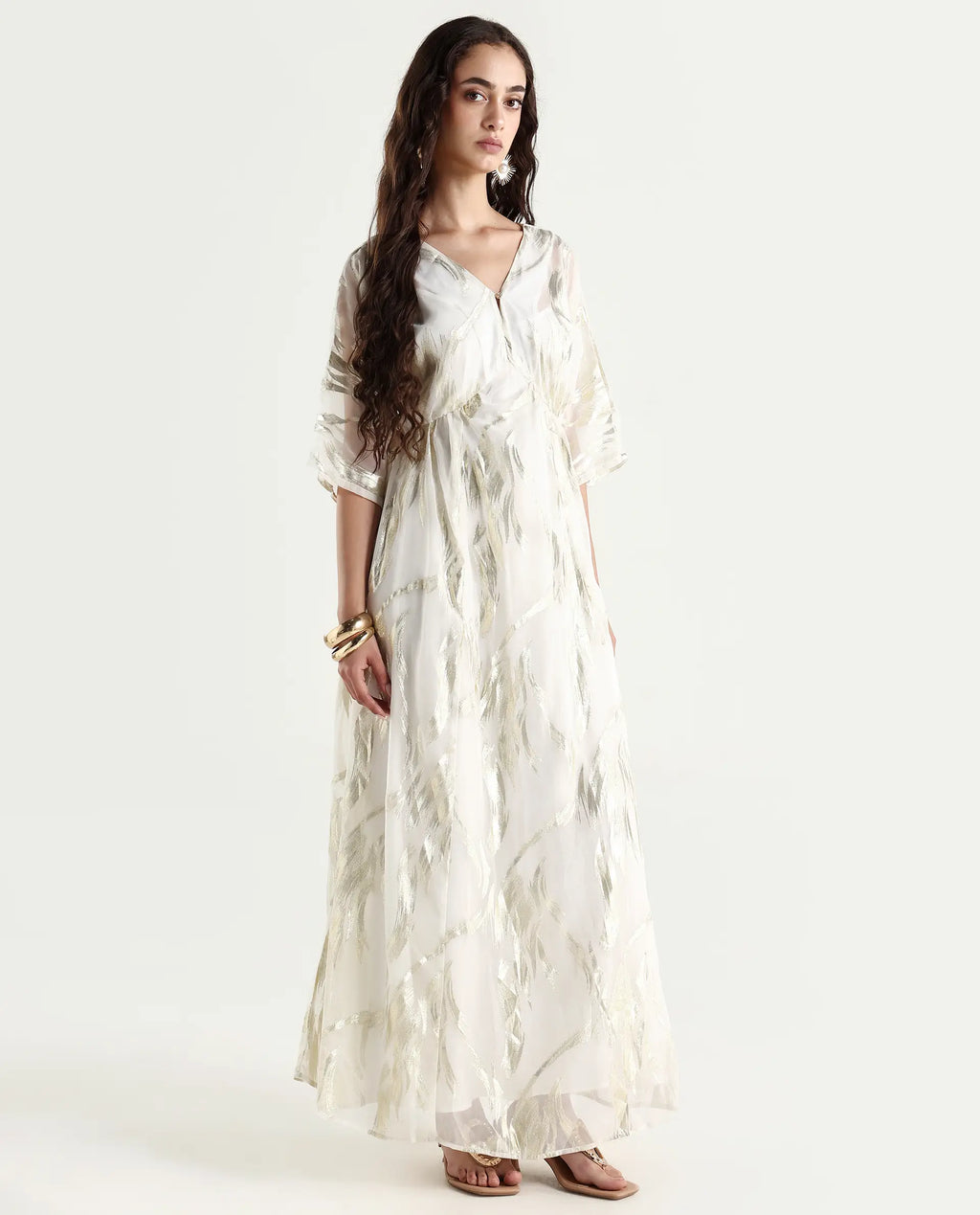 Rareism Women's Ronoli Off White Polyester V-Neck Textured Kimono Sleeve Maxi Flared Dress