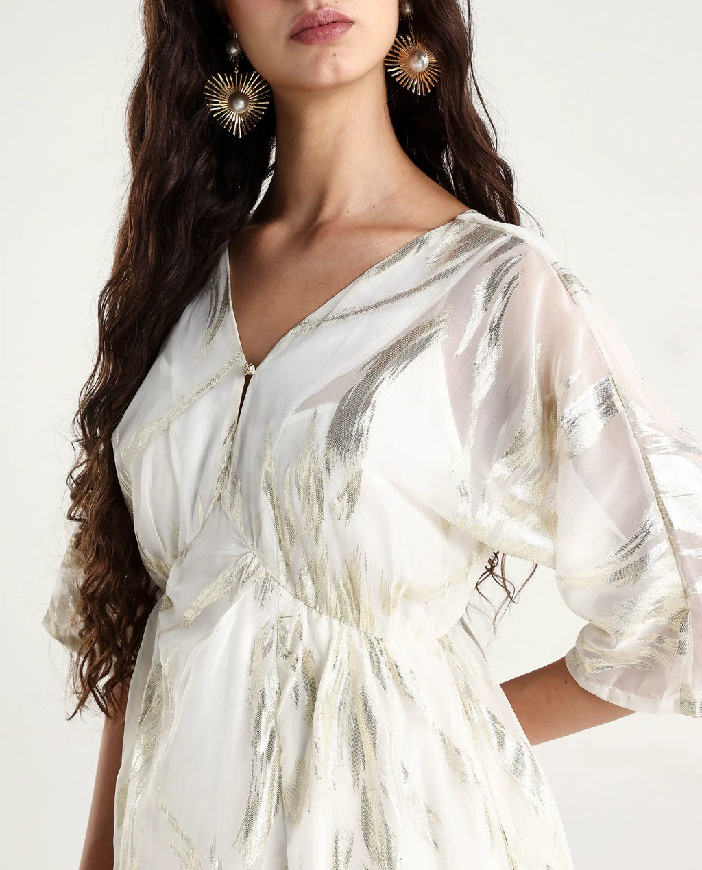 Rareism Women's Ronoli Off White Polyester V-Neck Textured Kimono Sleeve Maxi Flared Dress