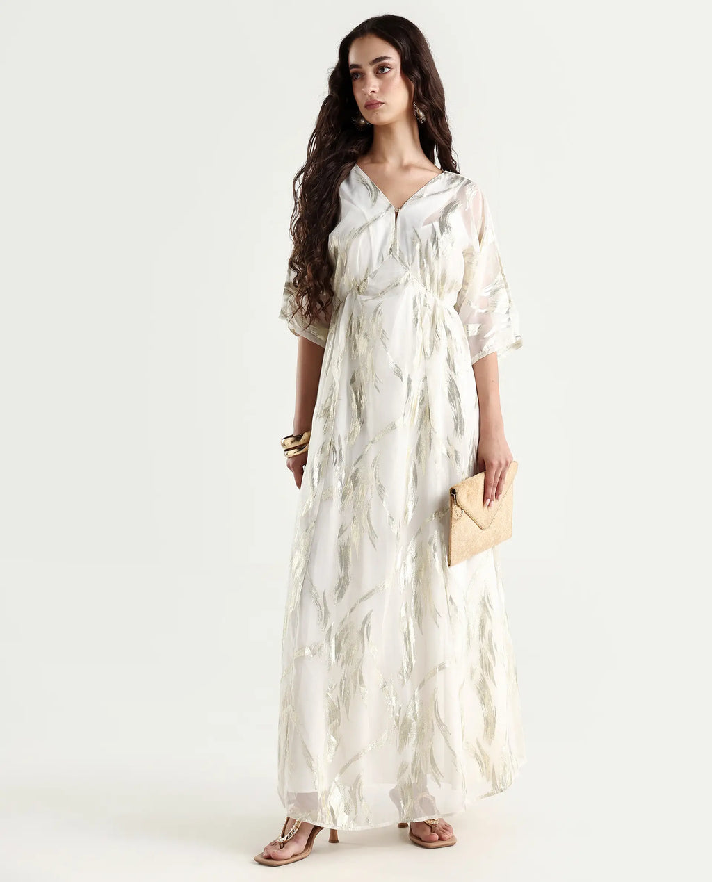 Rareism Women's Ronoli Off White Polyester V-Neck Textured Kimono Sleeve Maxi Flared Dress