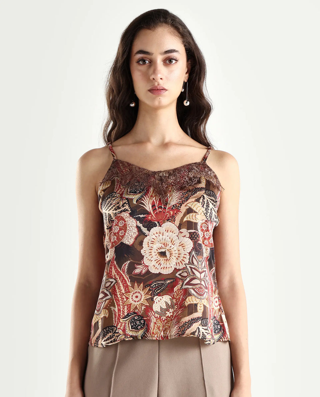 Rareism Women's Ronu Brown Polyester V-Neck Abstract Print Sleeveless Regular Fit Top