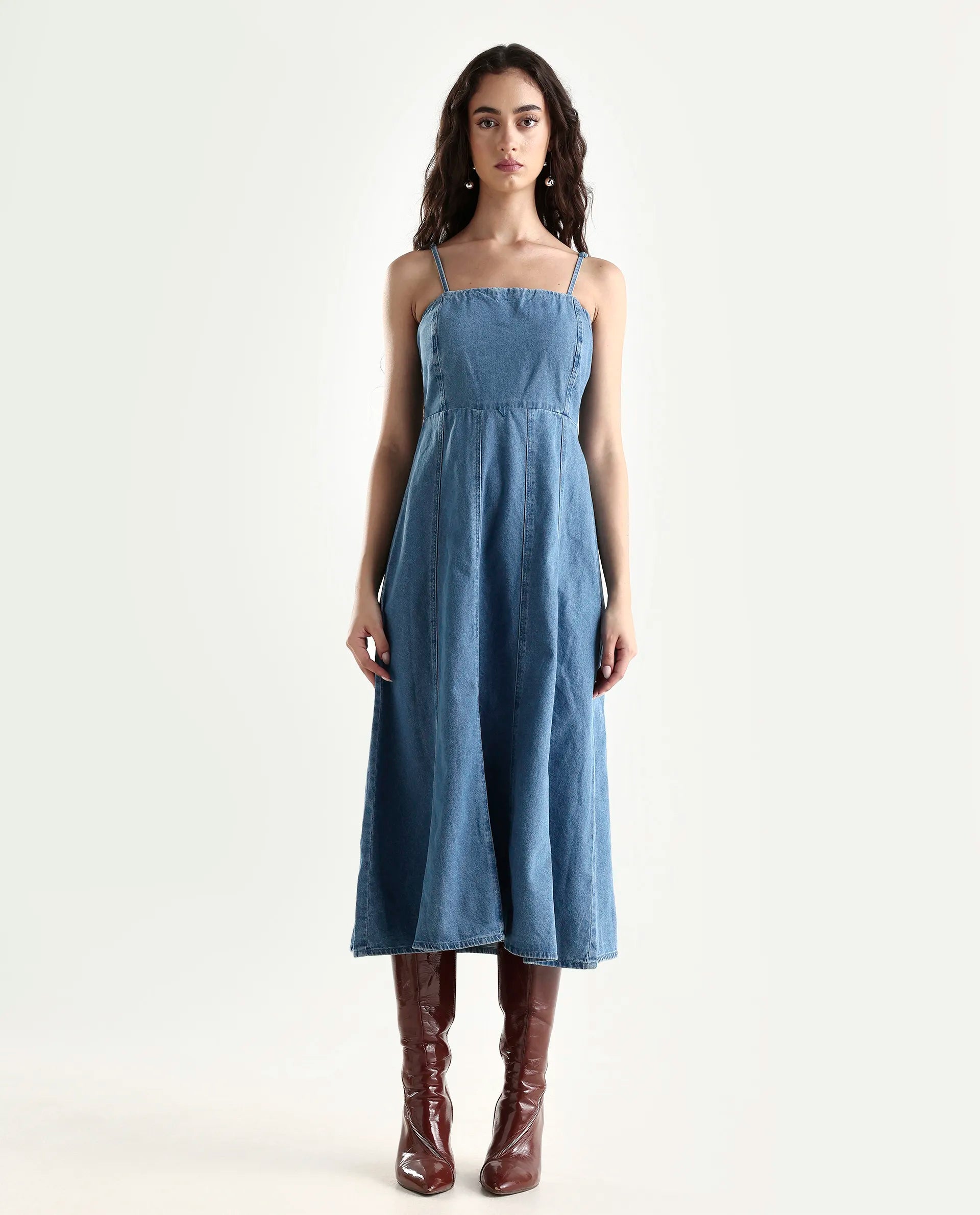 Rareism Women's Trevo Blue Cotton Tube Neck Plain Sleeveless Midi Fit And Flare Dress