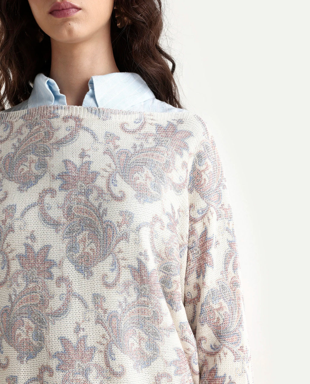 Rareism Women's Nupint Light Multi Viscose Blend Boat Neck Paisley Print Kimono Sleeve Relaxed Fit Top