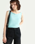 Rareism Women's Prewig Light Blue Cotton Scoop Neck Plain Sleeveless Regular Fit Top