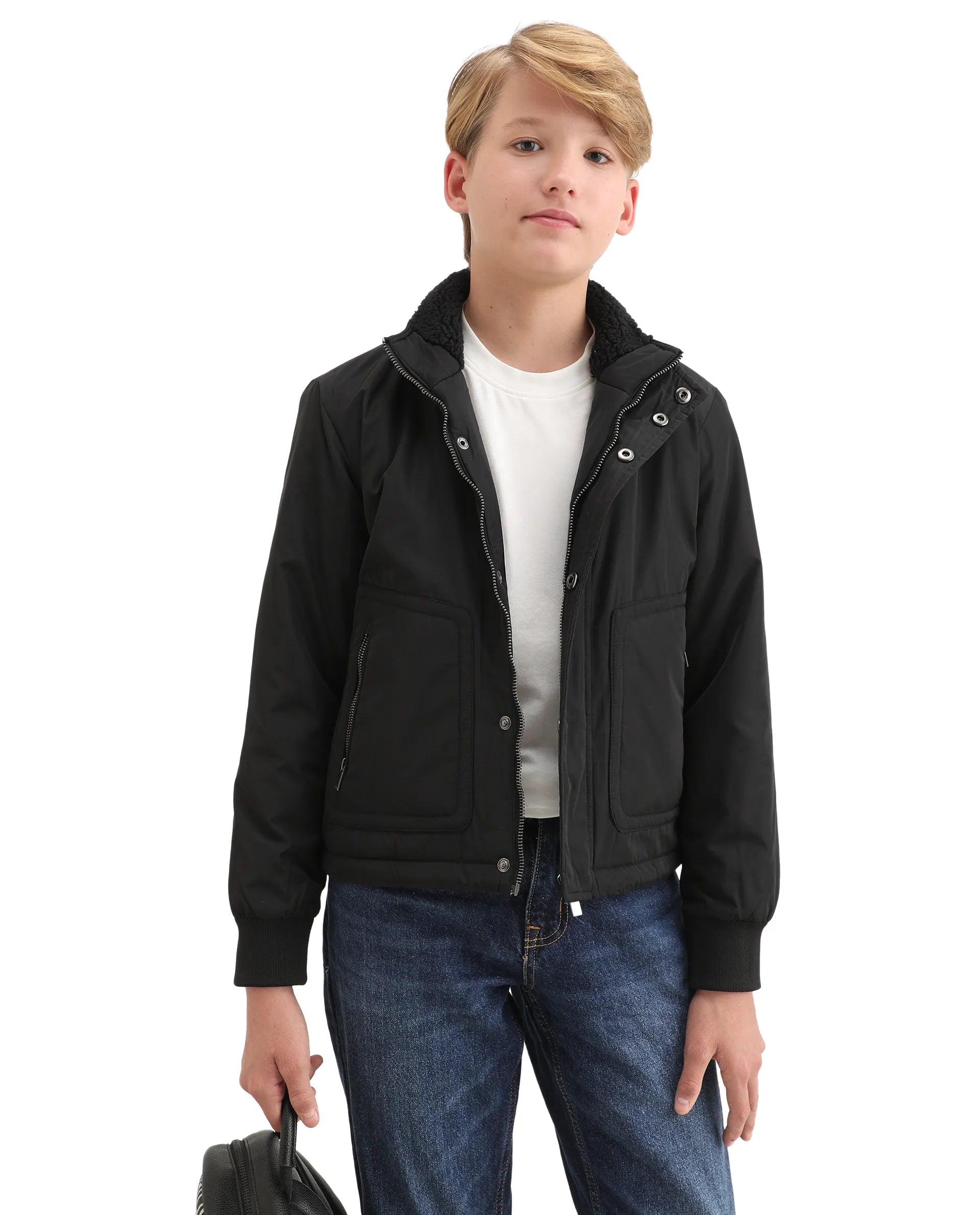 Rare Ones Kids Wick Black Polyester Zipper Closure High Neck Plain Full Sleeves Regular Fit Jacket