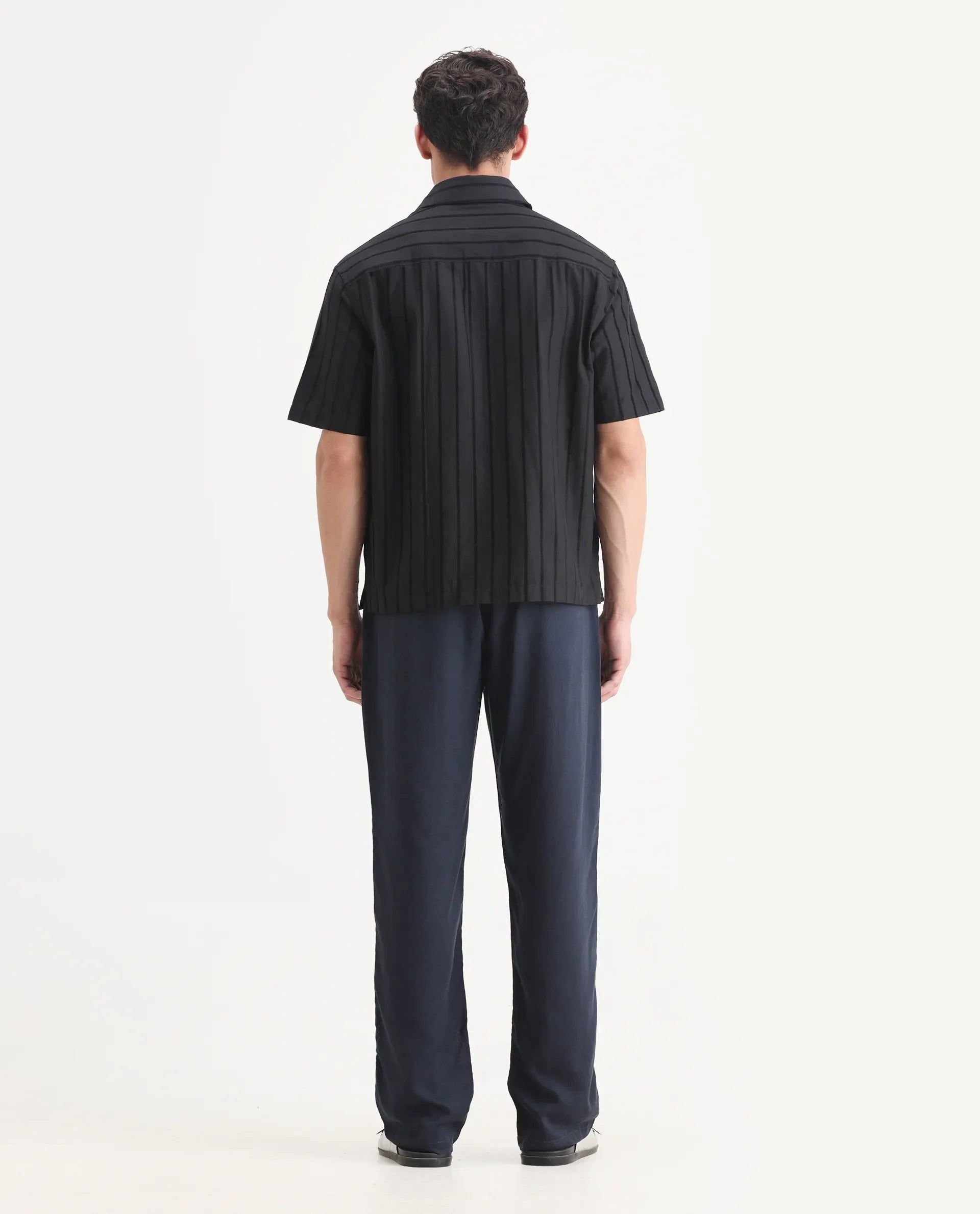 Rare Rabbit Men's Coft-B Navy Linen Blend Plain Loose Fit Trouser