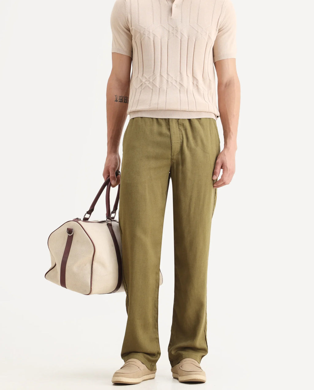 Rare Rabbit Men's Coft-B Olive Linen Blend Plain Loose Fit Trouser
