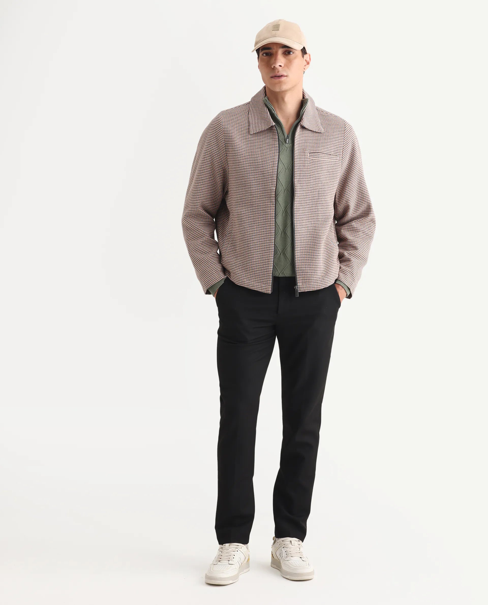 Rare Rabbit Men's Pexrul Rust Cotton Checked Print Relaxed Fit Full Sleeve Spread Collar Jacket