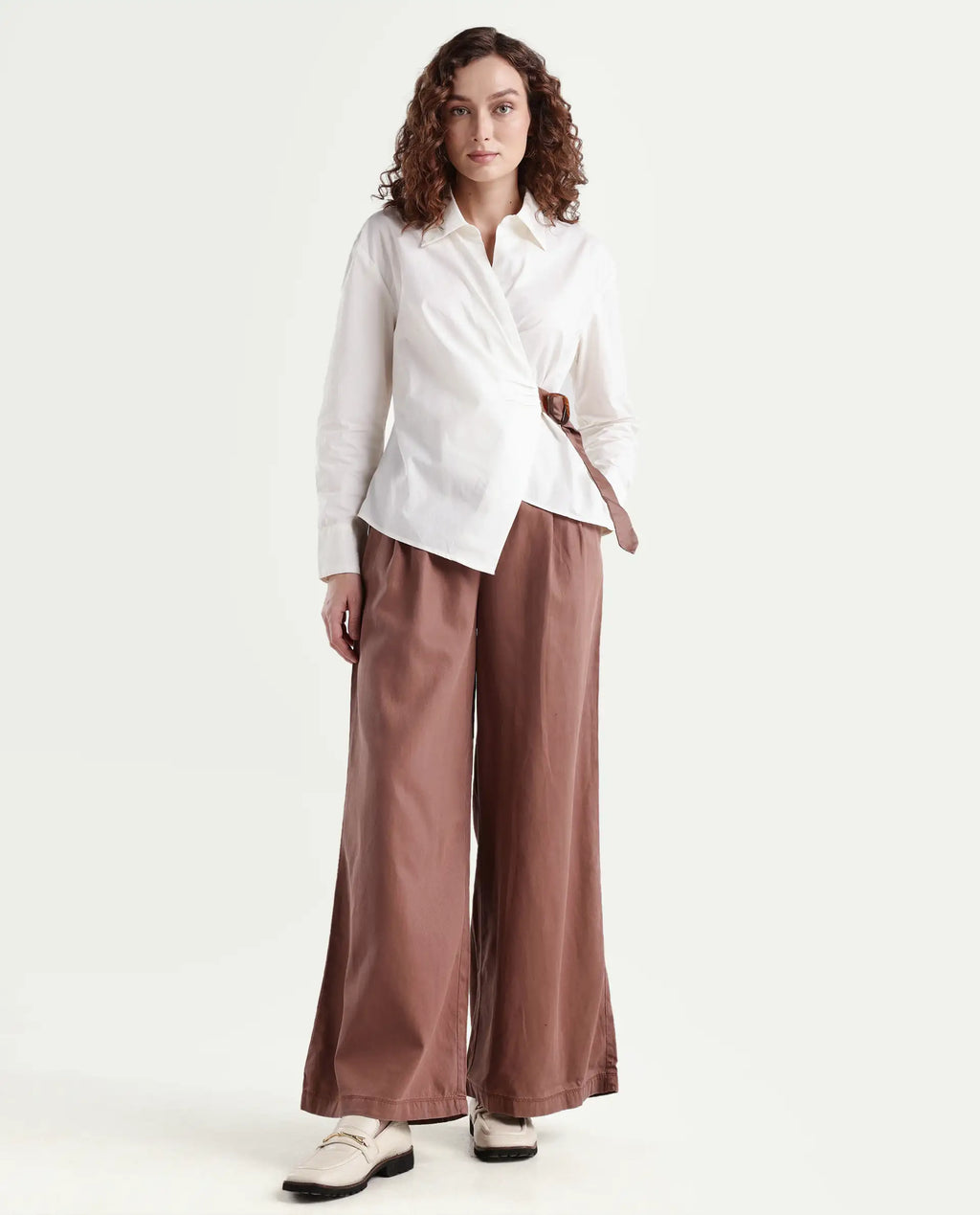 Rareism Women's Bhaleyn B Light Brown Cotton Blend Plain Ankle Length Flared Trouser