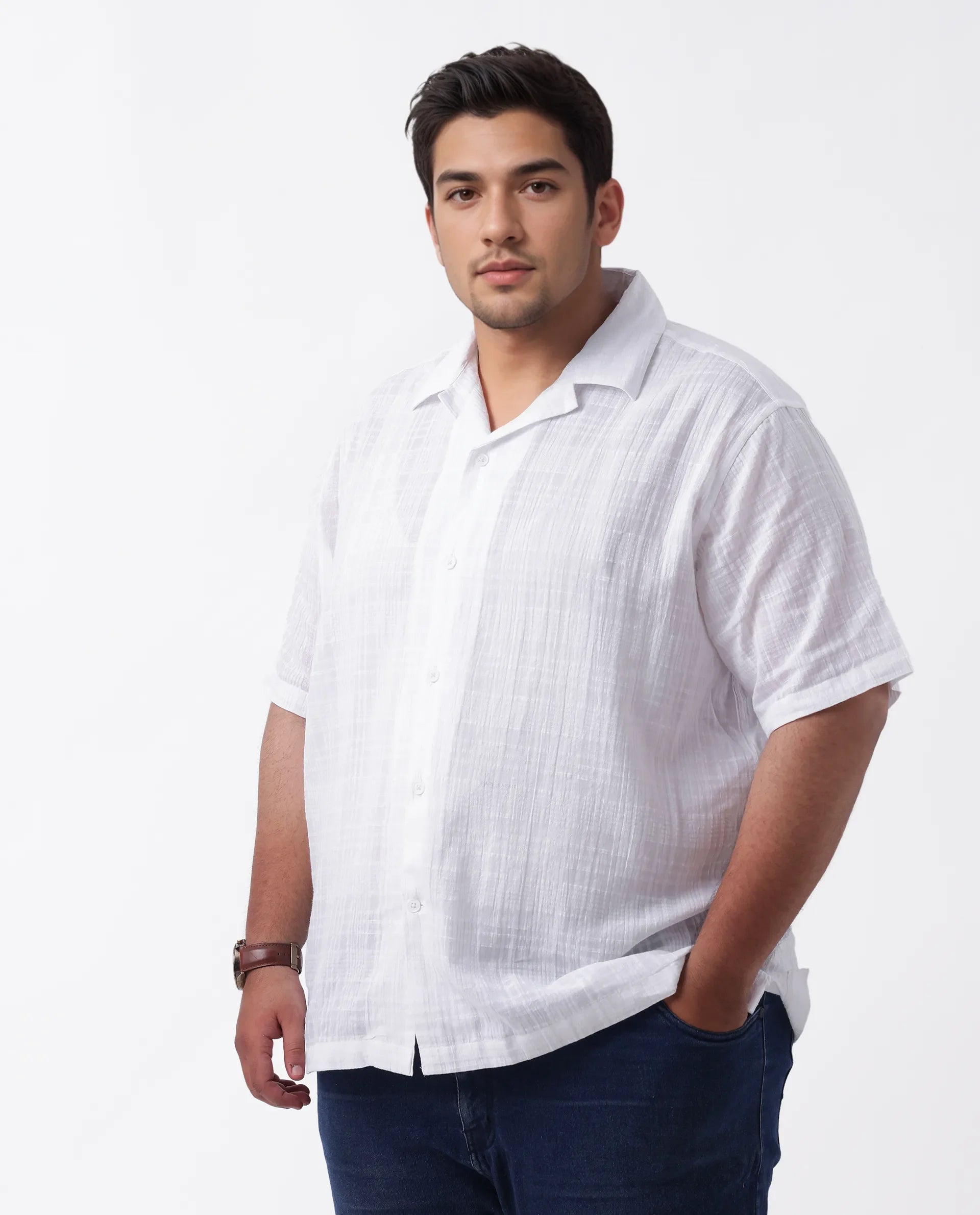 Rare Rabbit Men's Dara-L White Cotton Checked Print Plus Size Half Sleeve Cuban Collar Shirt