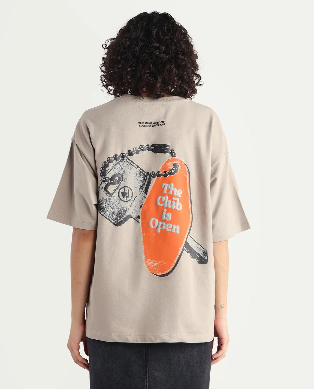 Rareism Women's Qlax Beige Cotton Graphic Print Oversized T-Shirt