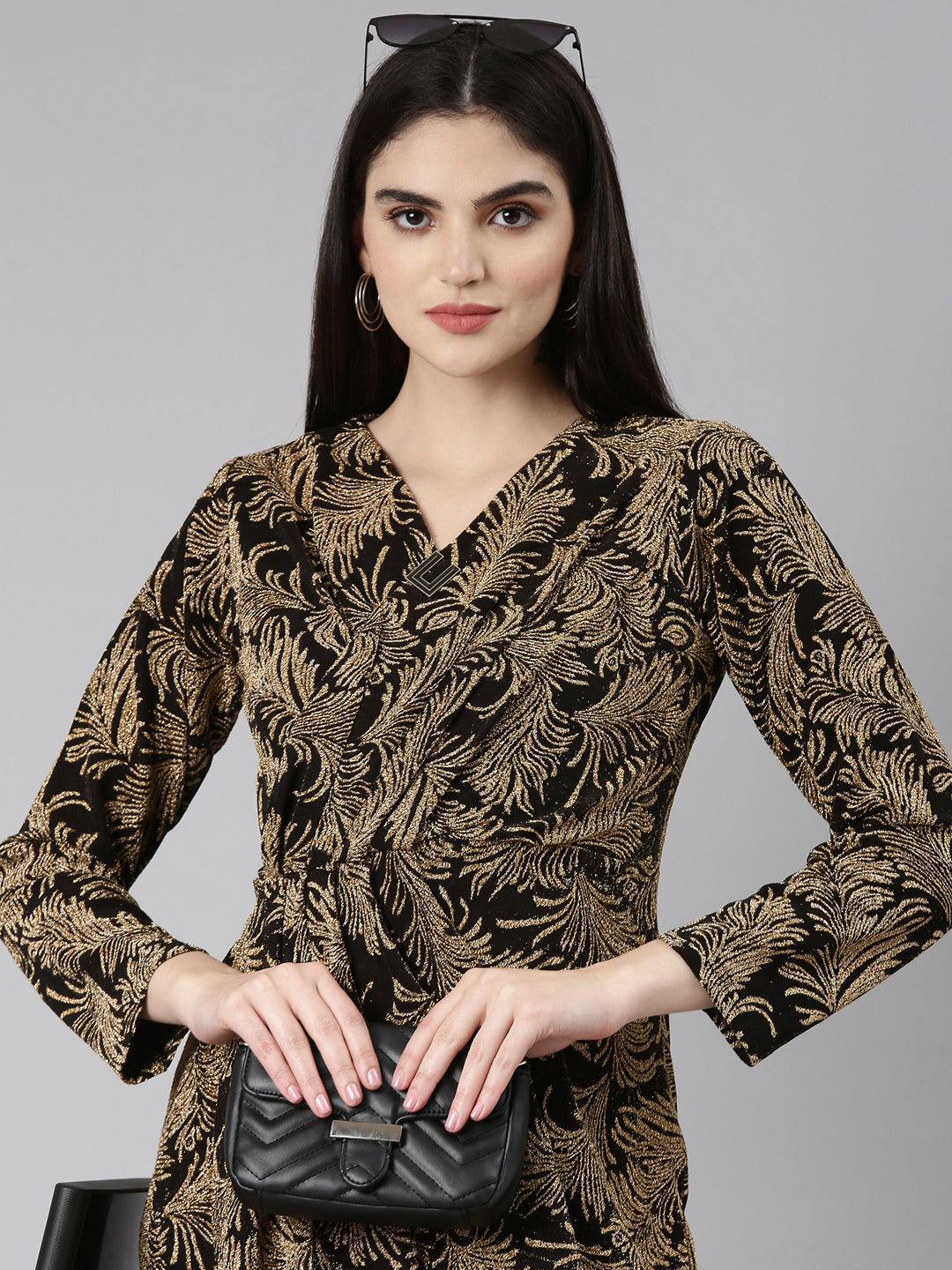 Women's Gold Tropical Printed V-Neck Puff Sleeves Gathered Detail Velvet Mini Wrap Dress