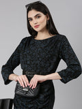 Women's Black Floral Printed Belted Sheath Dress
