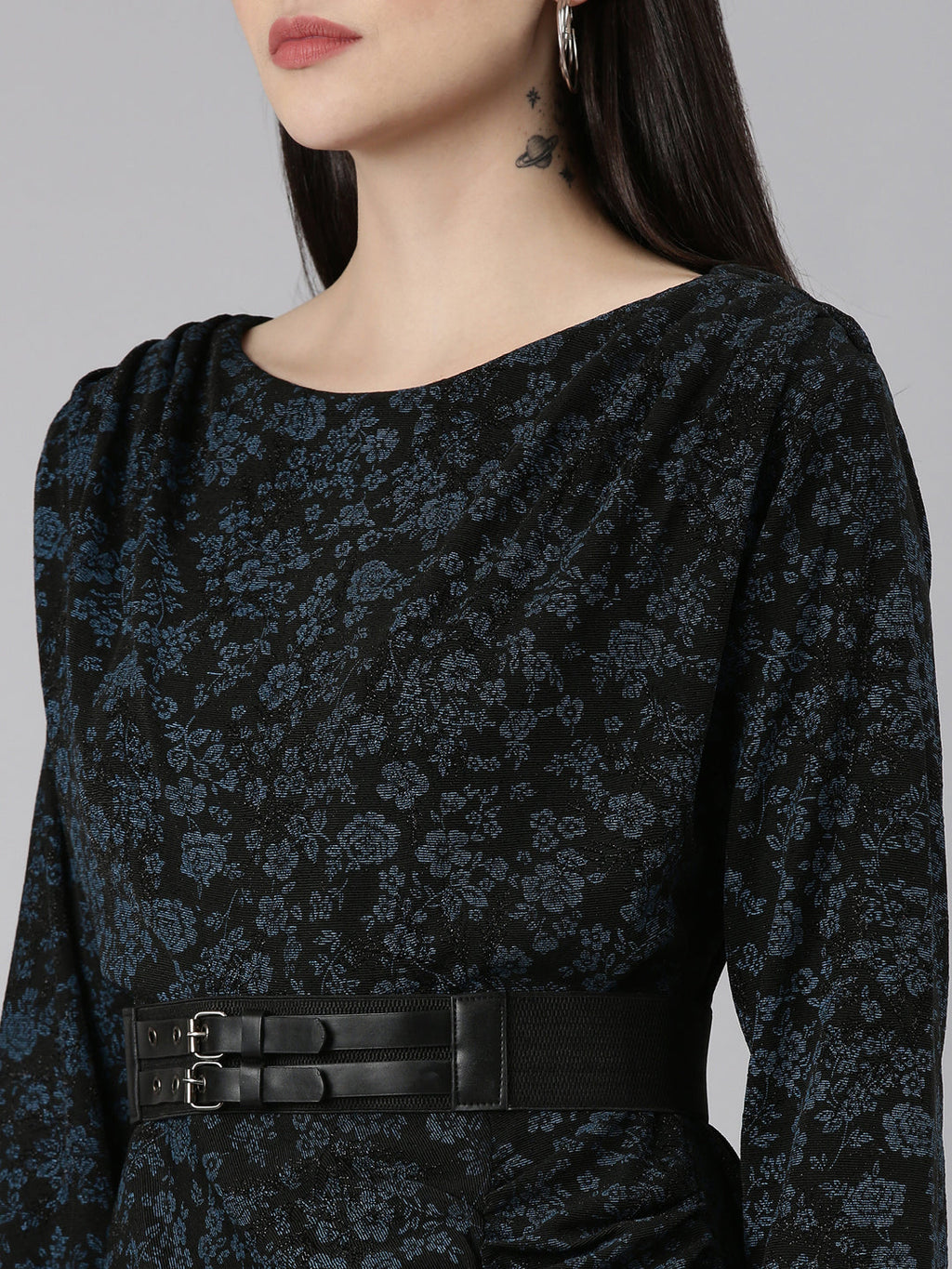 Women's Black Floral Printed Belted Sheath Dress