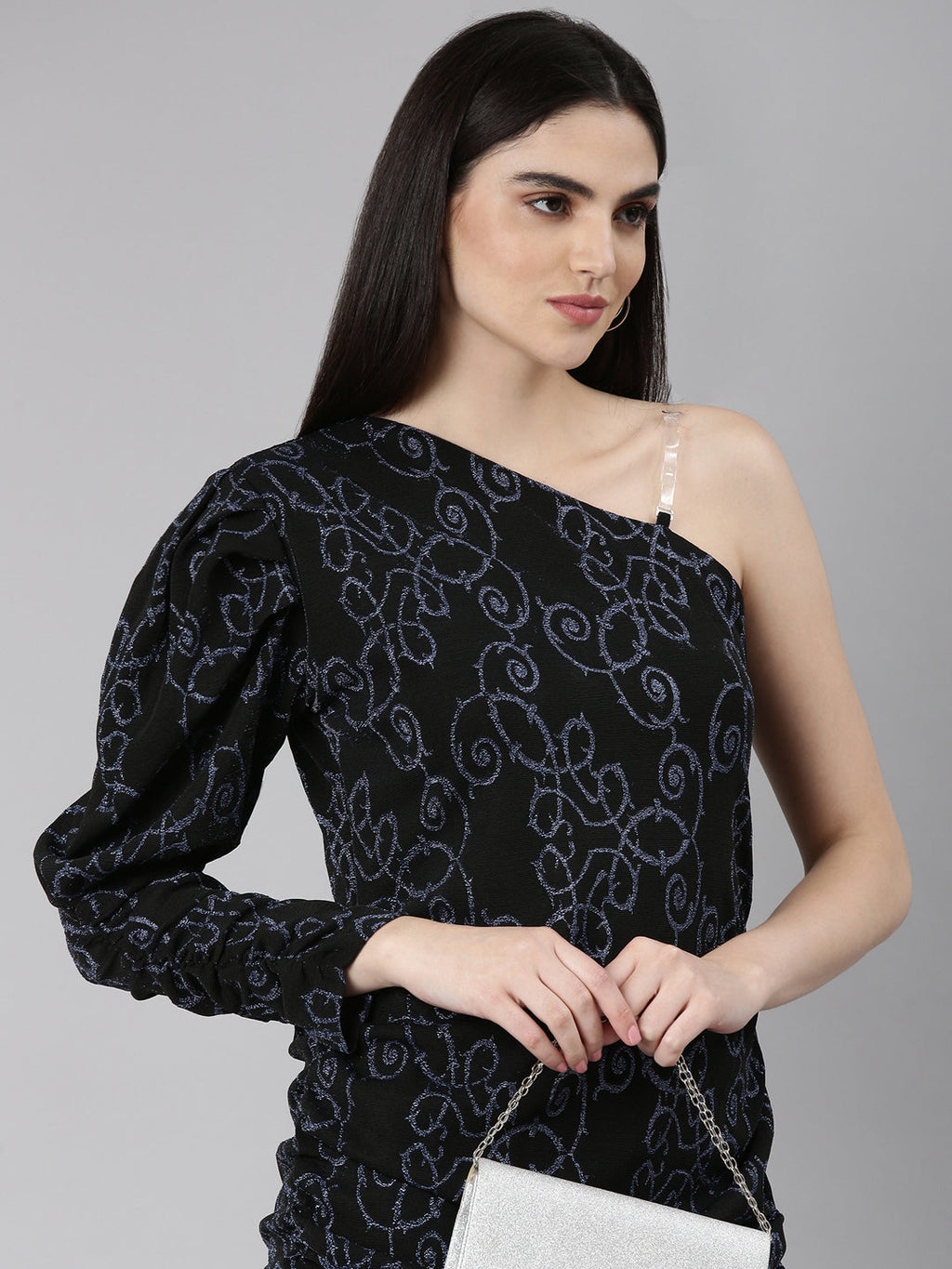 Women's Black Self Design One Shoulder Puff Sleeve Sheath Dress