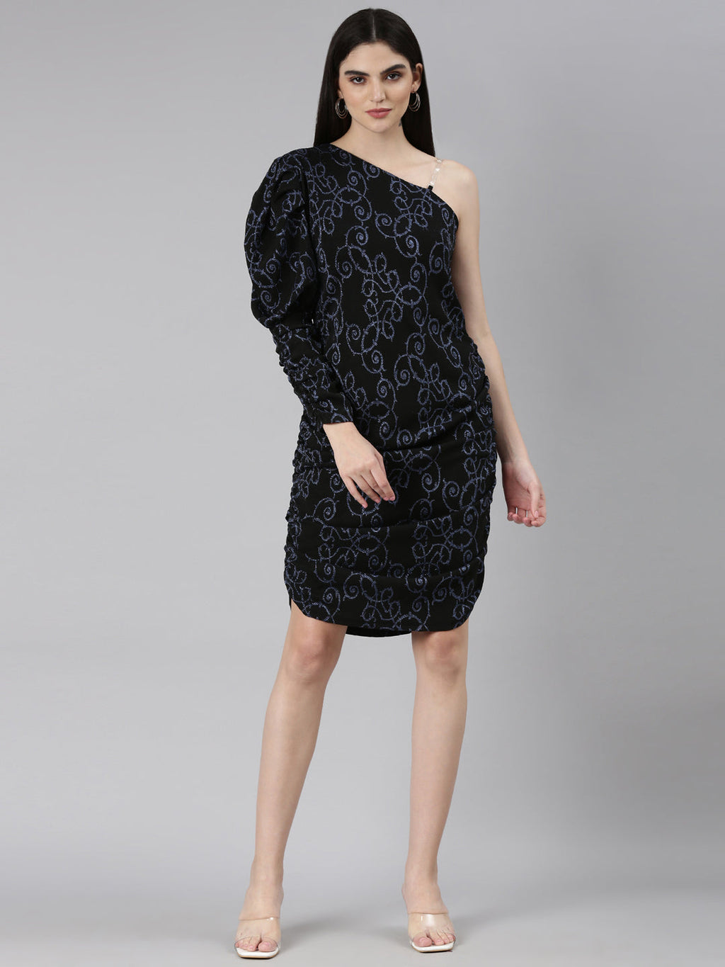 Women's Black Self Design One Shoulder Puff Sleeve Sheath Dress