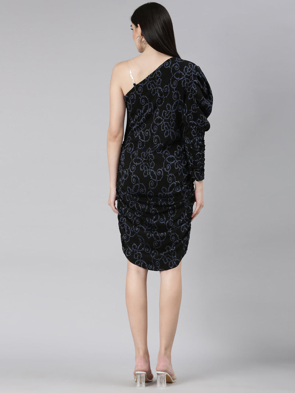 Women's Black Self Design One Shoulder Puff Sleeve Sheath Dress