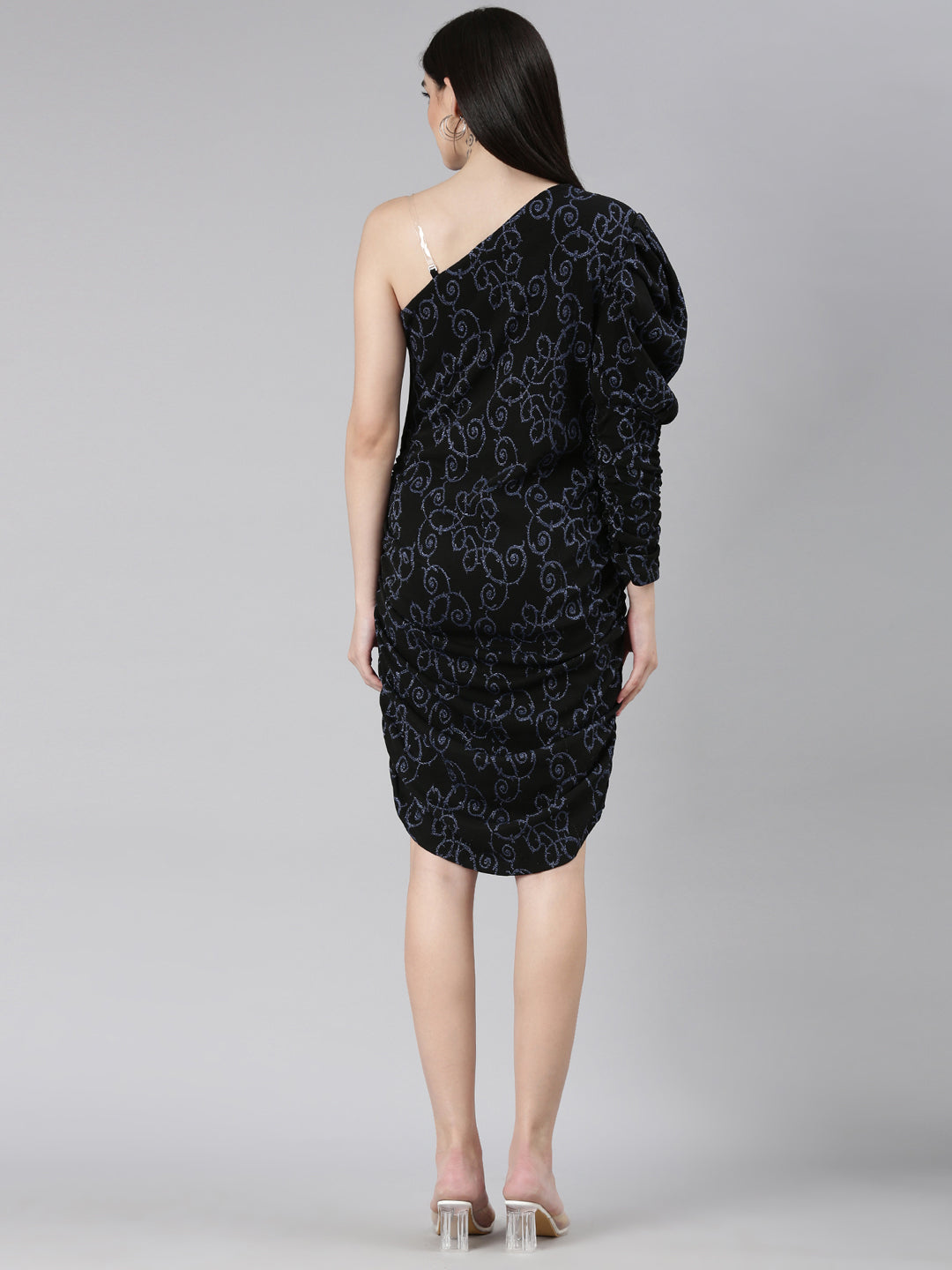 Women's Black Self Design One Shoulder Puff Sleeve Sheath Dress