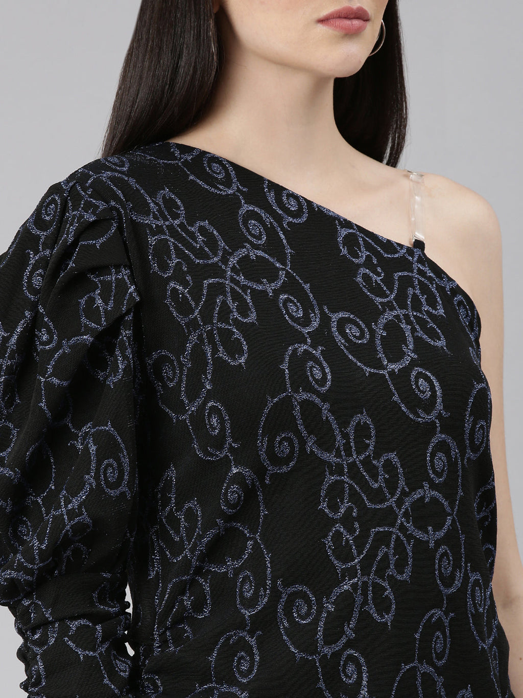 Women's Black Self Design One Shoulder Puff Sleeve Sheath Dress