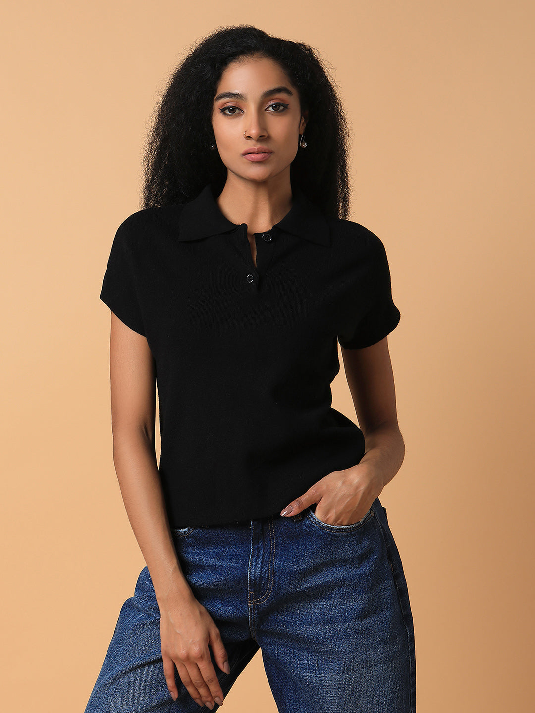 Women's Black Solid Knits Shirt Collar Acrylic Top