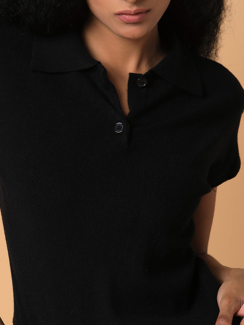 Women's Black Solid Knits Shirt Collar Acrylic Top