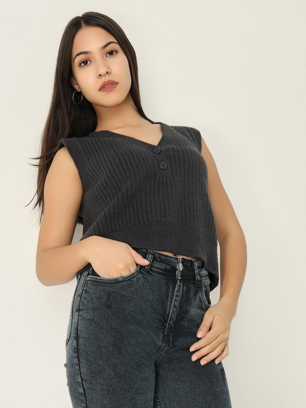 Women's Charcoal Self Design V-Neck Acrylic Top